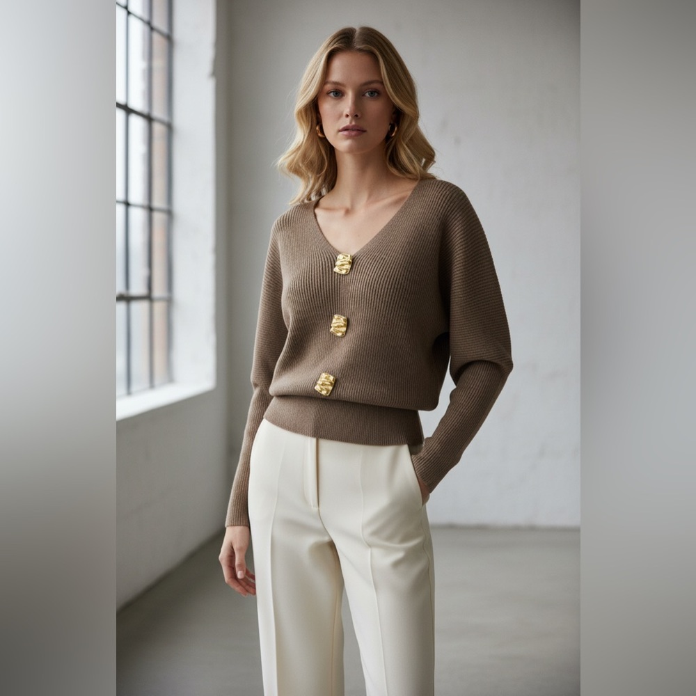 Micas Solid Button V-Neck Sweater Long-Sleeve Top… - image 6